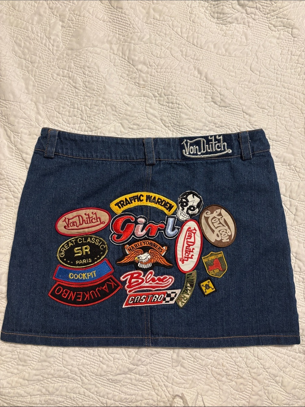 Vintage Von Dutch Navy Denim Mini Skirt with  Logo Embroidery patches on back